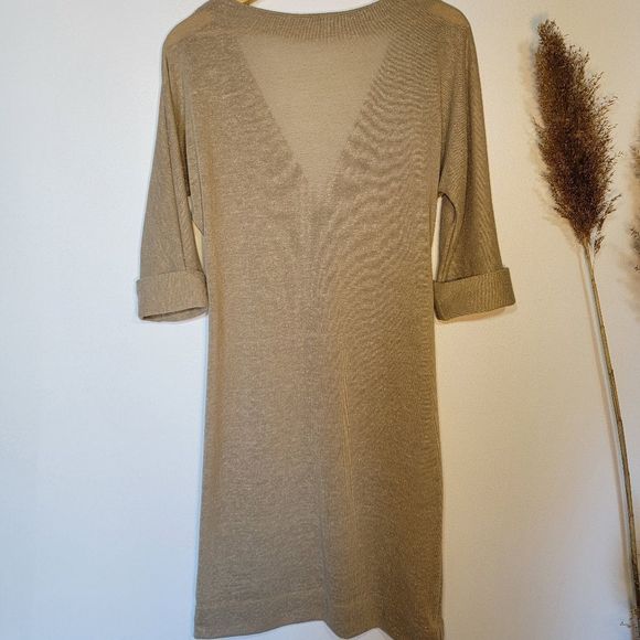 VINTAGE lightweight see-through tan knit dress V-neck - Picture 4 of 6